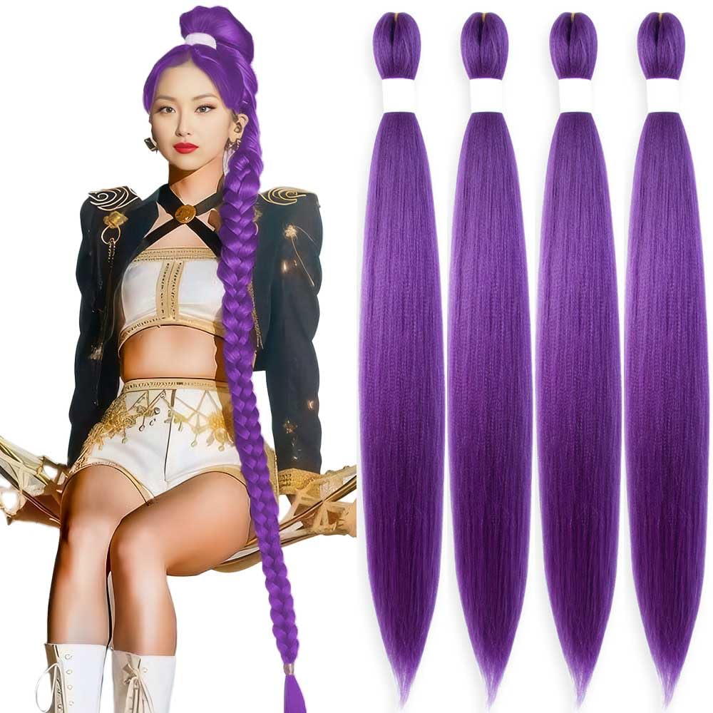 Photo 1 of ** 4 PCS IN THE BAG ** KAVSORAPI Purple Braiding Hair 36 Inch Pre Stretched Hair Long Straight Crochet Braids Yaki Texture Synthetic Fiber 4 Packs (Dark Purple)