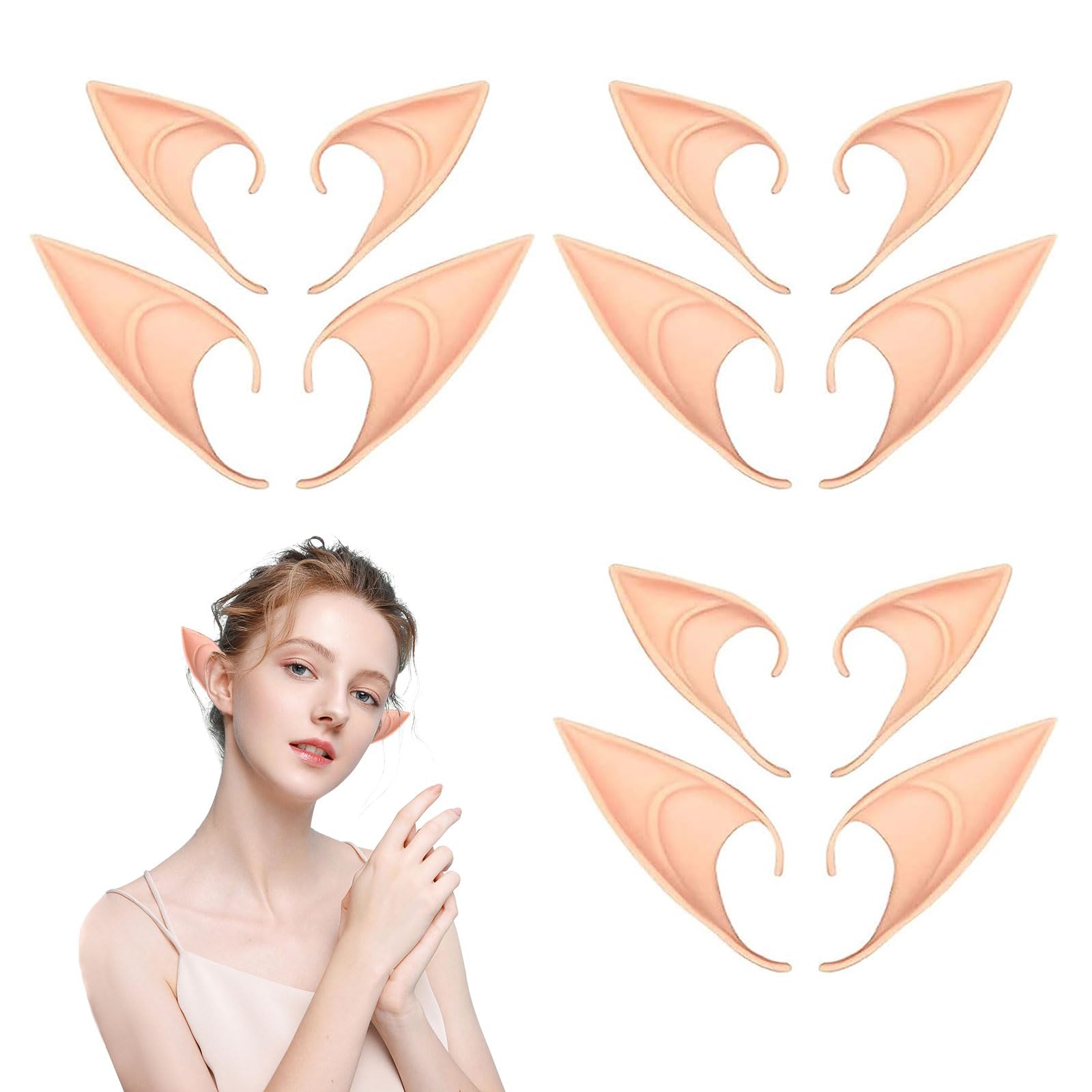 SKHAOVS 6 Pairs Elf Ears Tip Christmas Elf Ears Latex Elf Ears Pixie Ears Fairy Ears Cosplay Soft Pointed Goblin Ears for Halloween Xmas Party Cosplay Accessories Costume Anime Party (6 Pairs)