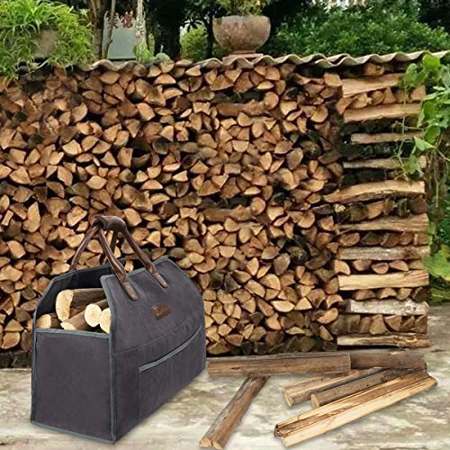 Sunflora Firewood Carrier Tote Bag with Extra Thick Padded Handle for Easy Carrying, Large Water Resistant Log Carrier with Front Pocket for Accessories for Camping, Fireplace Wood Stove (Dark Gray)