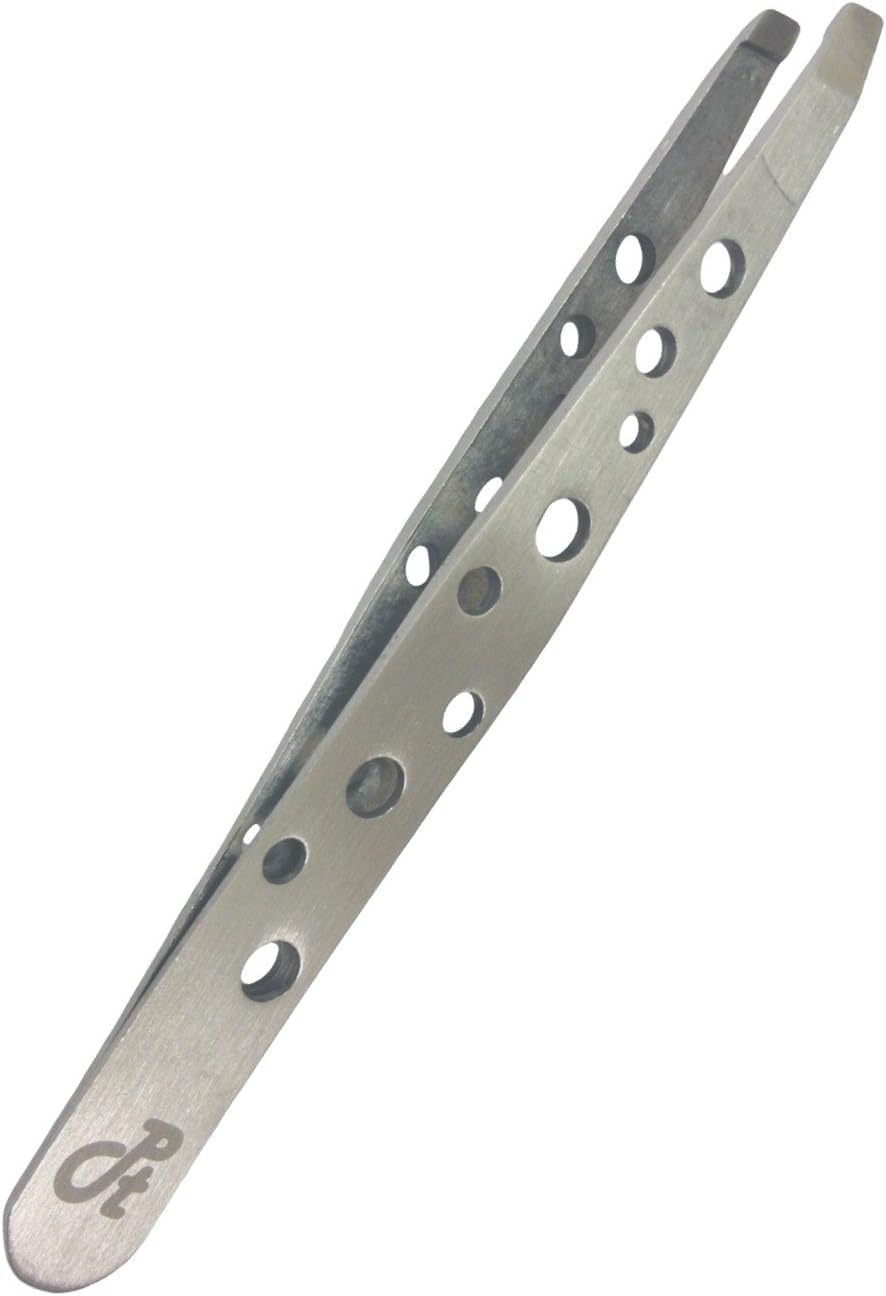 Precision slanted Stainless Steel Tweezers - Pathfinder Technologies ® "CE" conformity certified Professional quality designer style holes stainless steel tweezer with sharp tip for easy eyebrow, eyelash or ingrowing hair removal. Help with splinters, glass shards and facial hair removal. 100mm long. Perfect for your manicure or pedicure set. Comes with a Pathfinder life time guarantee !