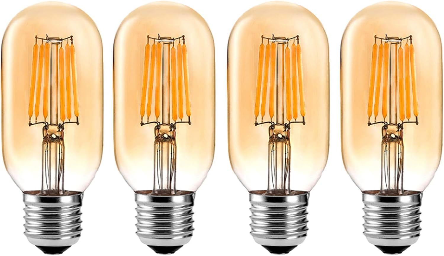 4 Packs LED Edison Vintage Short Tubular Filament Industrial T45 Bulb, 6W, E27 Base, Amber Glass, 2700K Warm Glow, 60W Replacement, Non-dimmable