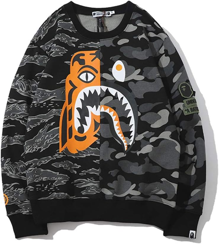 koisale Shark Head Camouflage Hooded Sweater Loose Student Cotton Shirt Tiger Head Stitching Round Neck Sweater