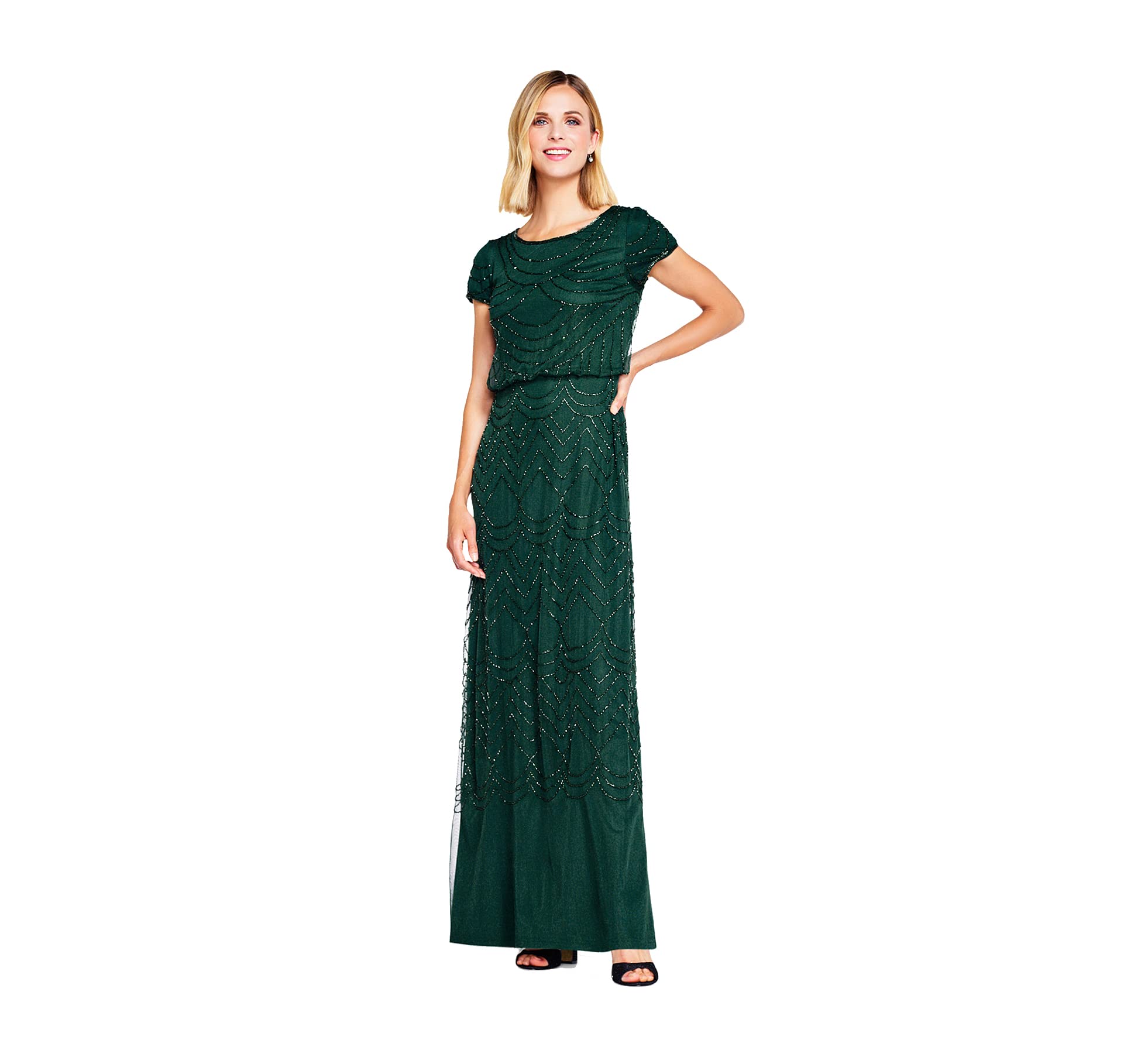 Adrianna Papell Women’s Short Sleeve Blouson Beaded Gown, Dusty Emerald, 16