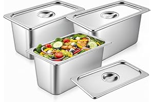 SHANDERBAR 3 Pack Hotel Pans with Lids, 1/3 Size x 6 Inch Deep Steam Table Pan, Commercial Stainless Steel Hotel Pan Restaurant Supplies Tray Square Steam Table Half Pans for Chafing Dishes, Buffet, Home, Party