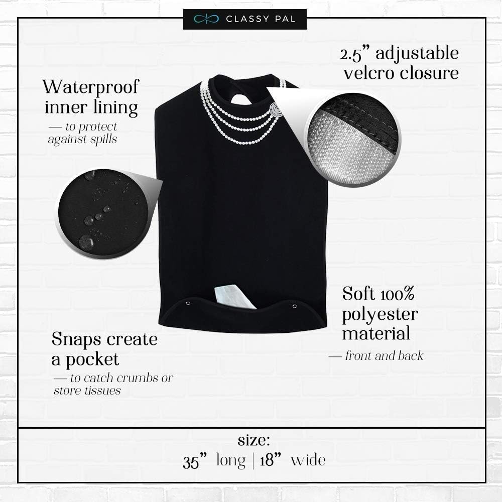 Classy Pal, Adult Bibs for Women, Dress ‘n Dine Clothing Protectors for Eating, Senior Adult Bib Terry Cloth Crumb Catcher, Embroidered Design, Waterproof, Reusable, Washable (Pearl Necklace): Health & Personal Care