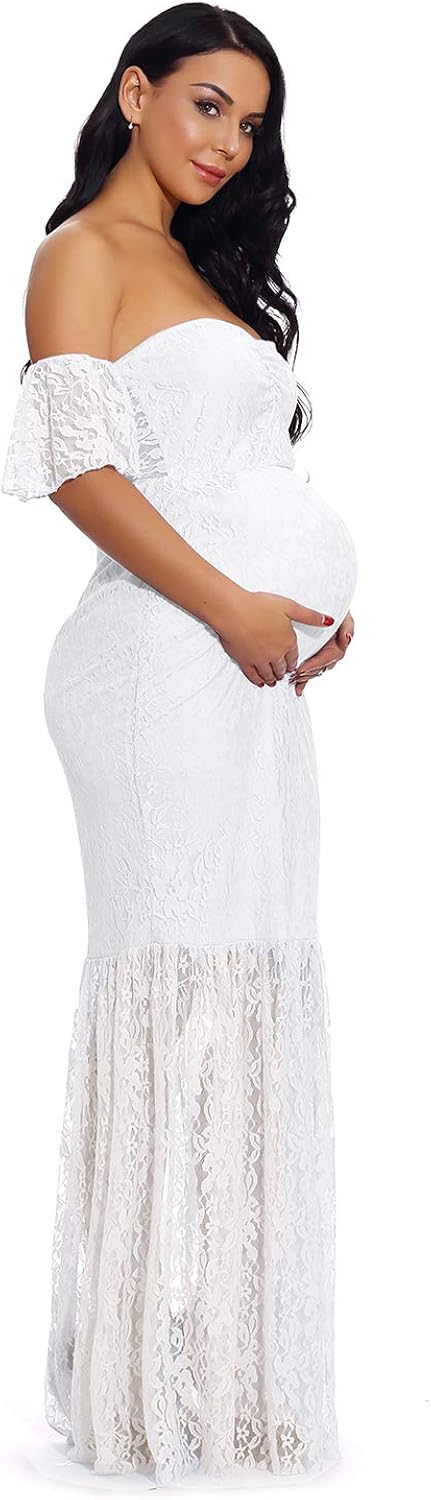 ZIUMUDY Women's Off Shoulder Ruffle Sleeve Lace Mermaid Maternity Baby Shower Gown Maxi Photography Dress at  Women’s Clothing store