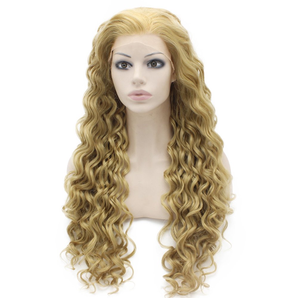 Long Curly Ash Blond Heat Safe Fiber Hair Lace Front Wig