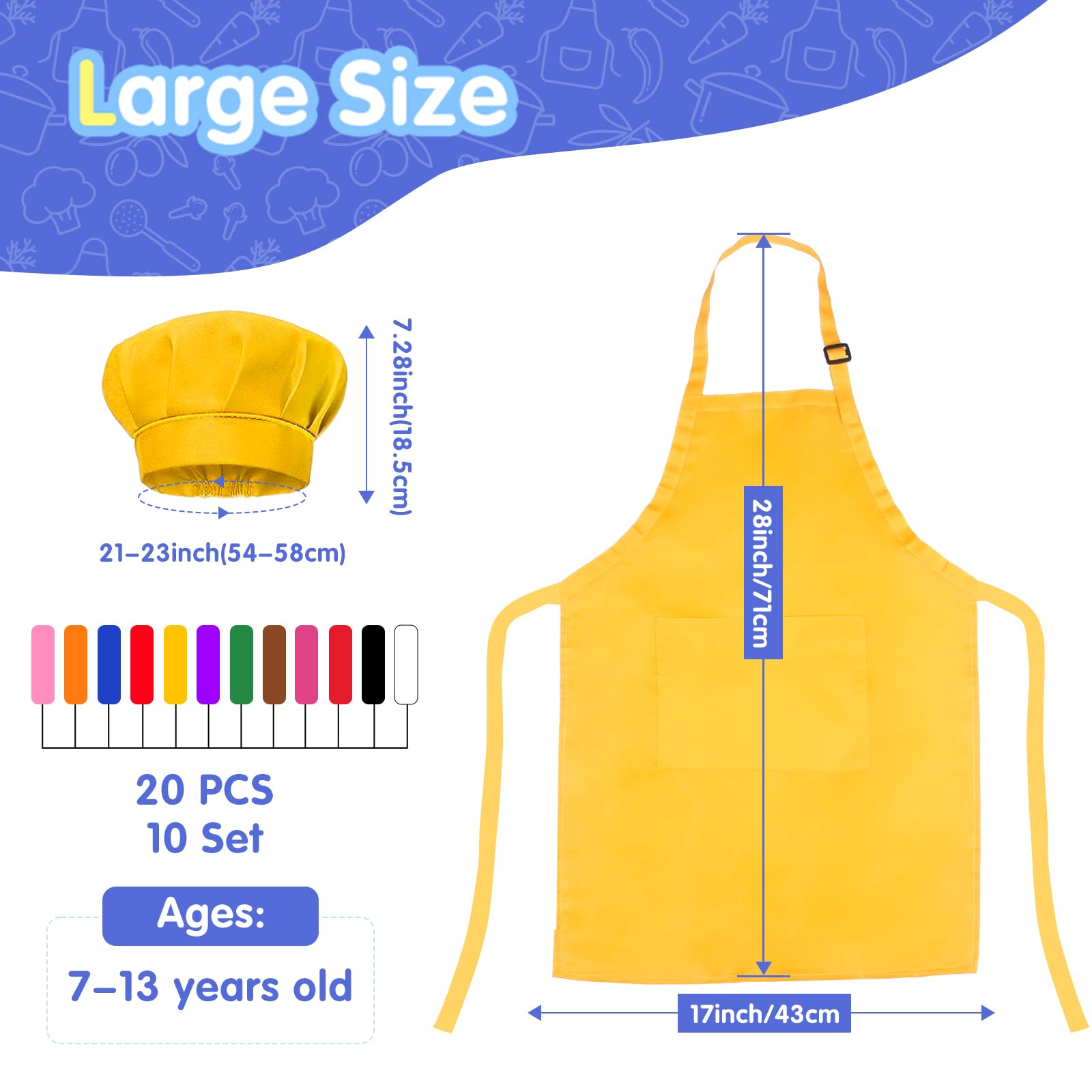 Ecoofor 20 Pieces Kid Aprons and chef hat 10 colors Kids Painting Aprons for Children Adjustable Chef Aprons for Boys and Girls Art Painting Cooking Baking (Large Size for 5-12 Age)