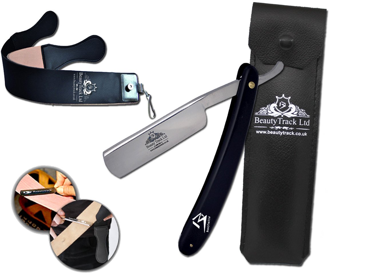 Manual Beard Shaving Razor - Men's Black Shaver - Cut Throat Razor - Shaving Razor - Barber Razor - Stainless Steel Facial Razor - Straight Razor - Genuine Leather Sharpening Strop Strap