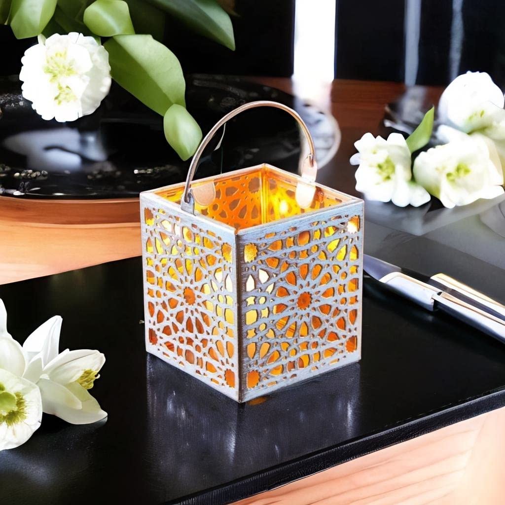 Marrakesch Assa Oriental Tea Light Holder, 10 cm White Metal and Glass Lantern, Ideal for Garden, Indoor Decoration, Wedding