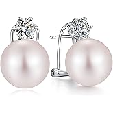 ZDaoBen Large Pearl Stud Earring, 925 Sterling Silver Cubic Zirconia Pearl Earring for Women, 10MM-12MM Pearl Jewelry Gift for Women