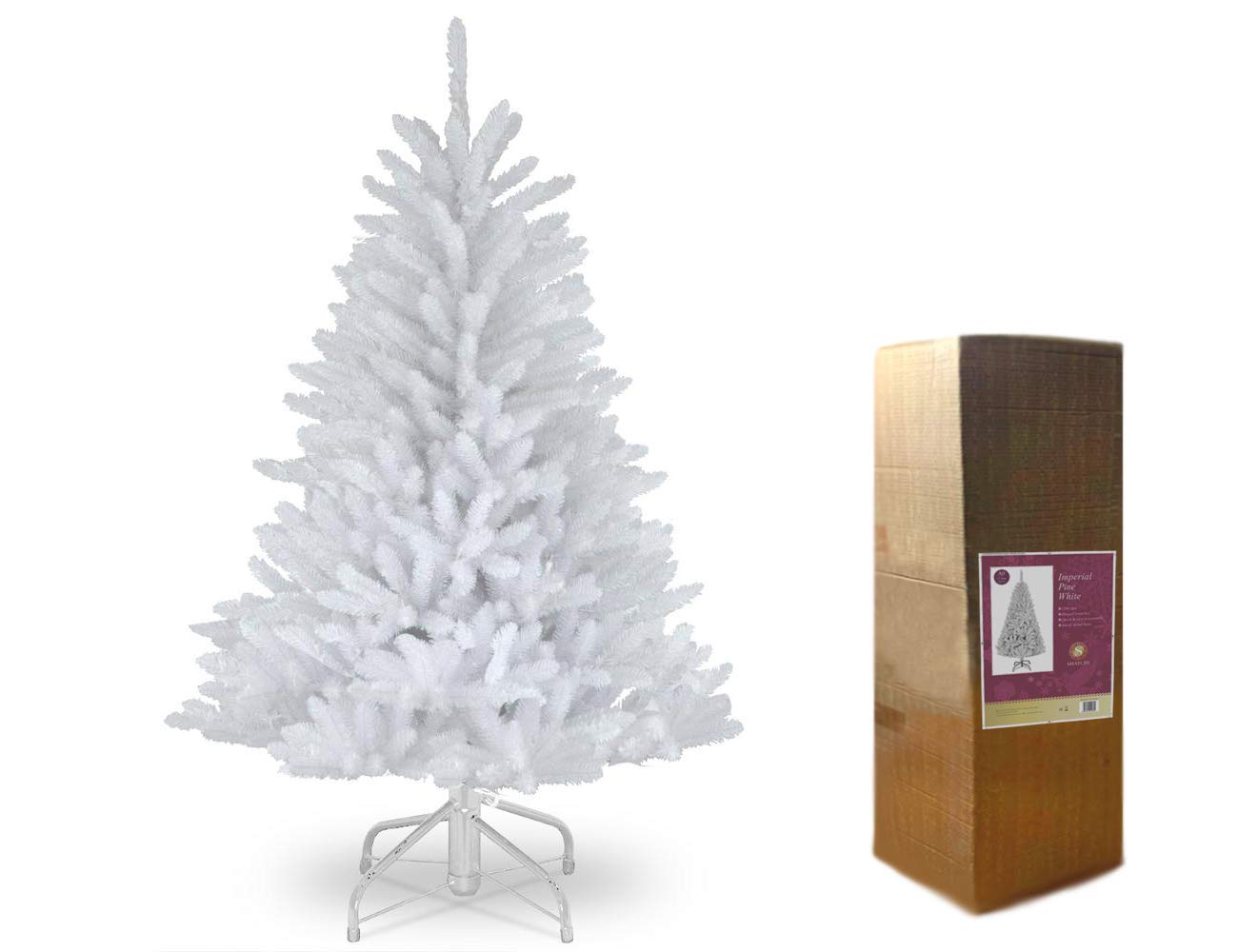 5ft/1.5m Snow White Imperial Pine Artificial Deluxe Christmas Tree Hinged Branches 404 Pencil Point Tips with Metal Stand Xmas Home Decorations