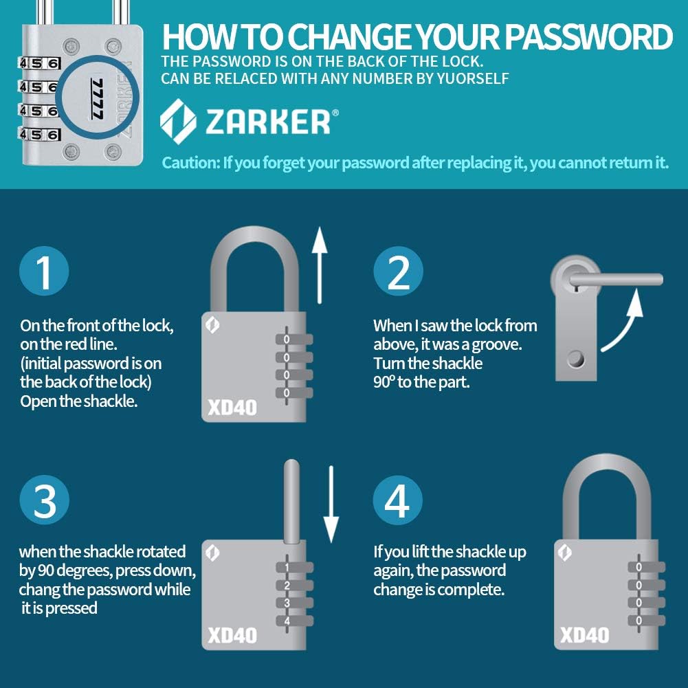 [ZARKER XD40] Padlock- 4 Digit Combination Lock for Gym, Sports, School & Employee Locker, Outdoor, Toolbox, Case, Fence and Storage - Metal & Steel - Easy to Set Your Own Combo - 1 Pack(Pink) - - 