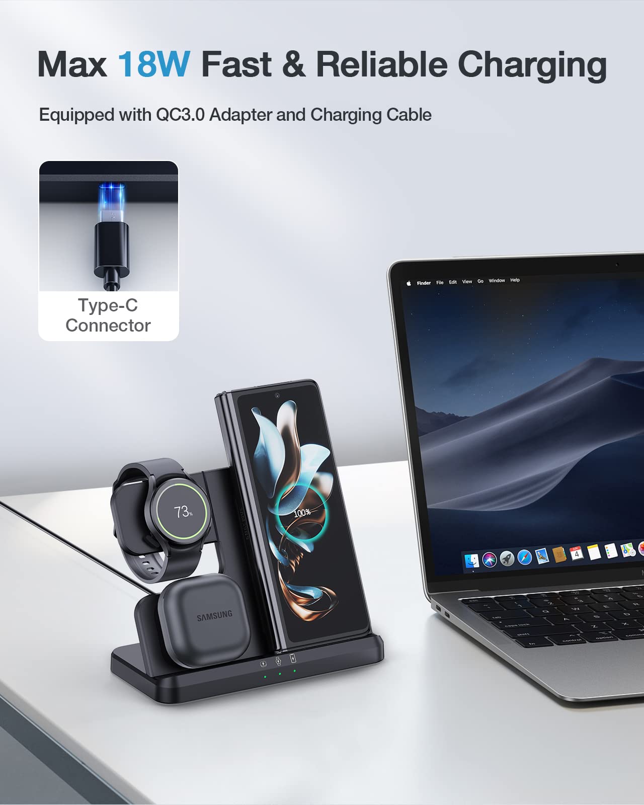 Wireless Charger for Samsung, Metmoon 3 in 1 Samsung Charging Station for Galaxy S23 S22 S21 S20 Ultra Plus/Z Flip Fold 5 4 3/Note 20, Galaxy Watch 5 Pro/5/4/3/Active 2/1, Buds+/Pro/Live(With Adapter)