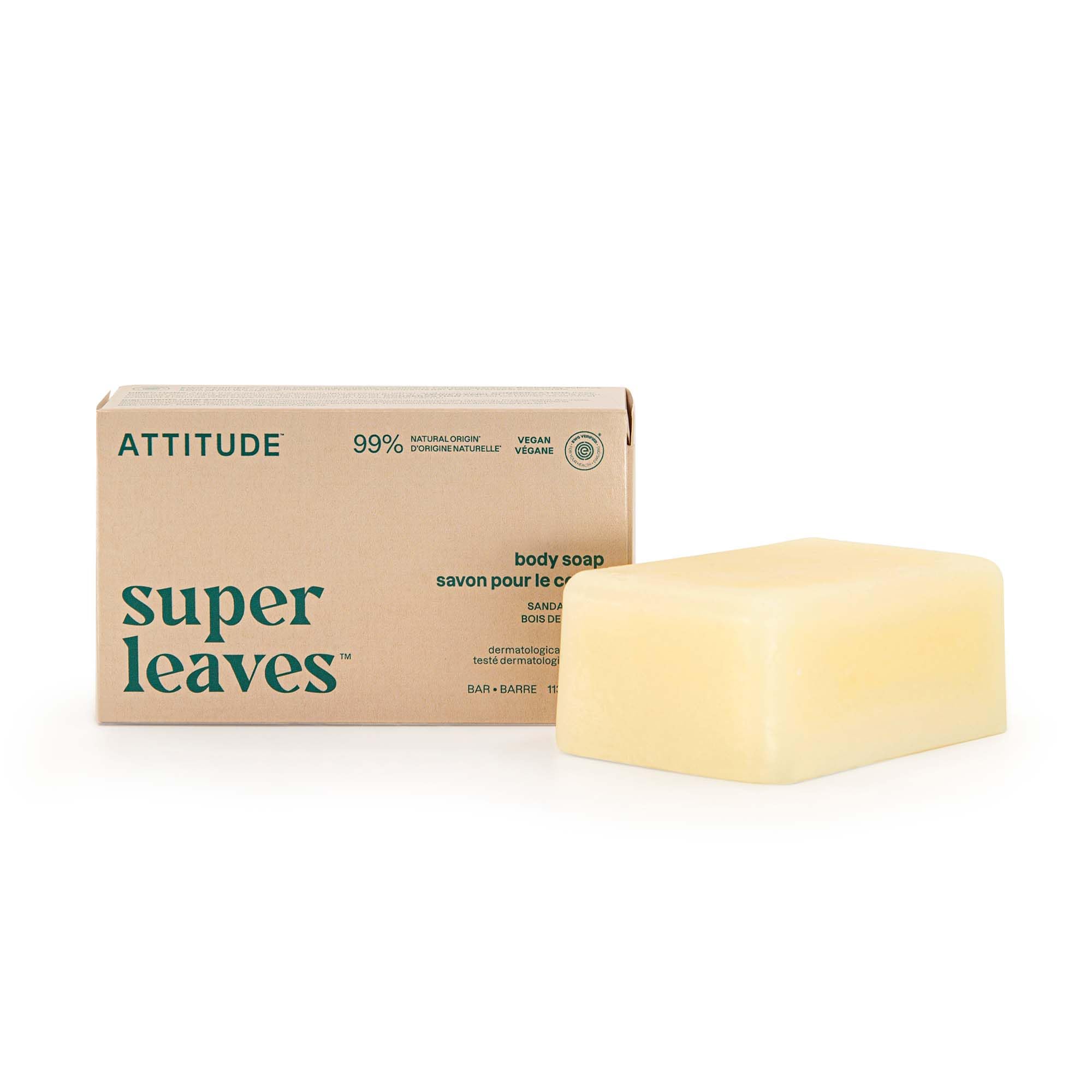 ATTITUDE Body Soap Bar, Natural Origin, Protects and Softens Dry Skin, Coconut & Olive Oils, For Men and Women, EWG verified & Vegan, Sandalwood, 113 g