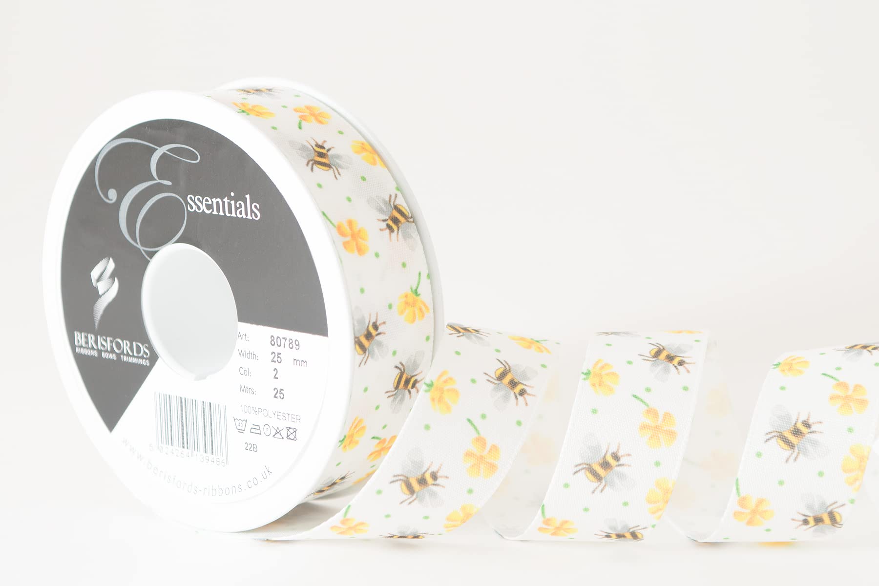 Berisfords Taffeta Spring Patterned Ribbon ‘Busy Bee’ Multicolour on White 25mm Wide 25m Reel
