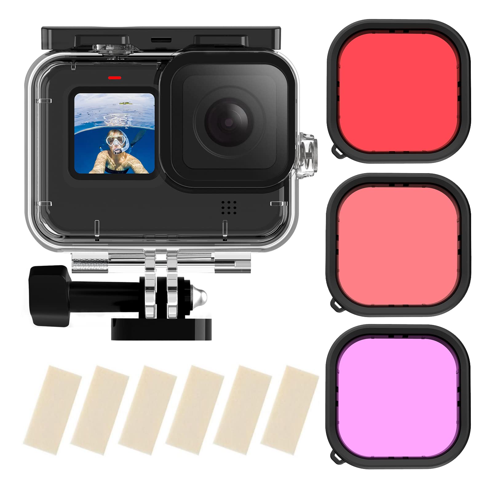 TELESIN Waterproof Case with 3-Pack Filter for GoPro Hero 11 Hero 10 Hero 9, Supports 60M Underwater Scuba Snorkeling Diving with Red Magenta Filter