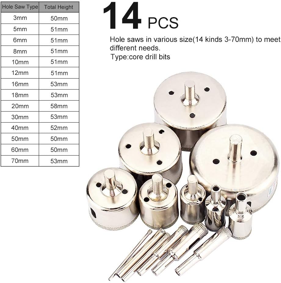 Diamond Drill Bit Set for Ceramic Diamond Coated Hole Saw Drill Bits 14pcs 3-70mm 800-1000RPM Saw Drill Bit Cutter for Glass Marble Tile for Grill Glass Tiles Marble for Glass Marble Tile - Image 3