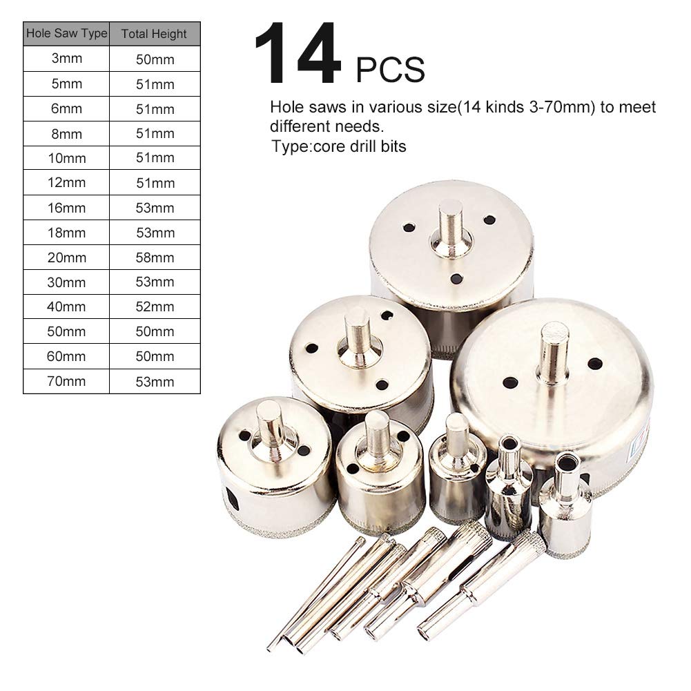 14-Piece Diamond Drill Bit Set, 3mm to 70mm Diamond Coated Hollow Drill Bits for Glass Ceramic, Tile, Marble and Porcelain Cutting - Image 3