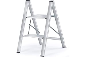 KINGRACK Aluminium 2 Step Ladder with Wide Steps, Lightweight Folding Ladder, Portable Slim Step Stool, Safety Household Ladder Stepladder with Multi-Function, 330lbs Load Capacity, Silver