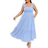 Pinup Fashion Women Plus Size Summer Maxi Dress Casual Smocked Bust Long Sundress with Pockets