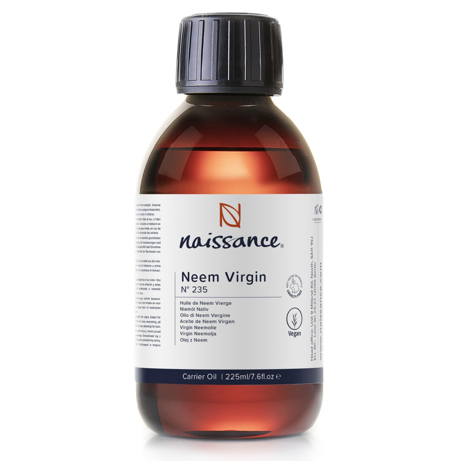 Naissance Virgin Neem Oil (No.235) - 225ml - Pure, Natural, Unrefined, Vegan - for Hair, Nail, Eyebrow, Scalp, Skin, Body and Plants