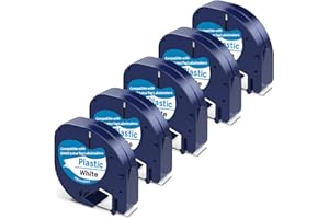 CAMOPRO 5 Pack Label Tape Replacement for Dymo Label Maker Refills 91331 White Plastic Label Tape 12mm x 4m (1/2''x13') Compatible with Dymo Letratag Label Maker LT100H LT100T QX50