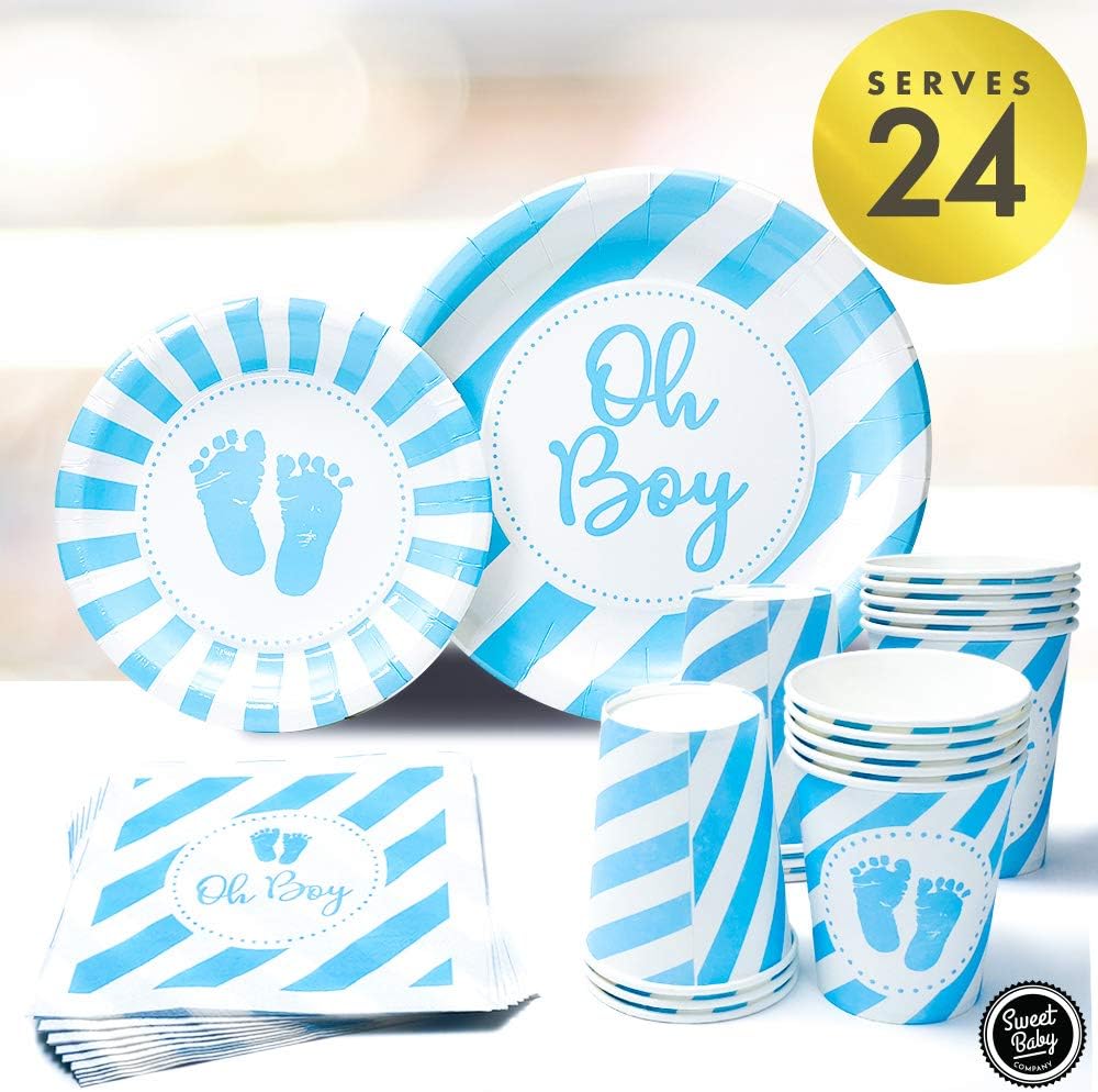 Sweet Baby Co. Baby Boy Shower Plates and Napkins Boy for 24 with Oh Boy Paper Plate, Napkin, Cups for Baby Boy Party Decorations, Birthday Tableware, Gender Reveal, Party Supplies (Light Blue, White)