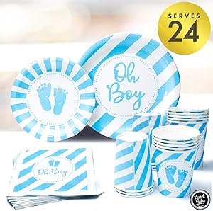 Sweet Baby Co. Baby Boy Shower Plates and Napkins Boy for 24 with Oh Boy Paper Plate, Napkin, Cups for Baby Boy Party Decorations, Birthday Tableware, Gender Reveal, Party Supplies (Light Blue, White)