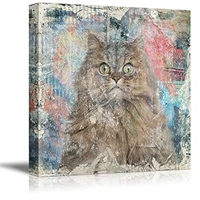 Square Cat Series Canvas Wall Art - A Cat with Wide Open Eyes on Colorful Grunge Background - Giclee Print Gallery Wrap Modern Home Art Ready to Hang - 12x12 inches