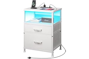 YeTom White Nightstand with Charging Station, LED Night Stand with 2 Fabric Drawers, Side Table with Open Shelf, End Table with Outlets and USB Ports, 2 Drawer Dresser for Bedroom