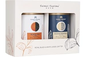 Taimei Teatime Tea Gift Set with Premium Silver Needle White Tea Loose Leaf (50g) and Chinese Black Tea Loose Leaf (100g) in Color Box - Organically Grown in Fujian, China