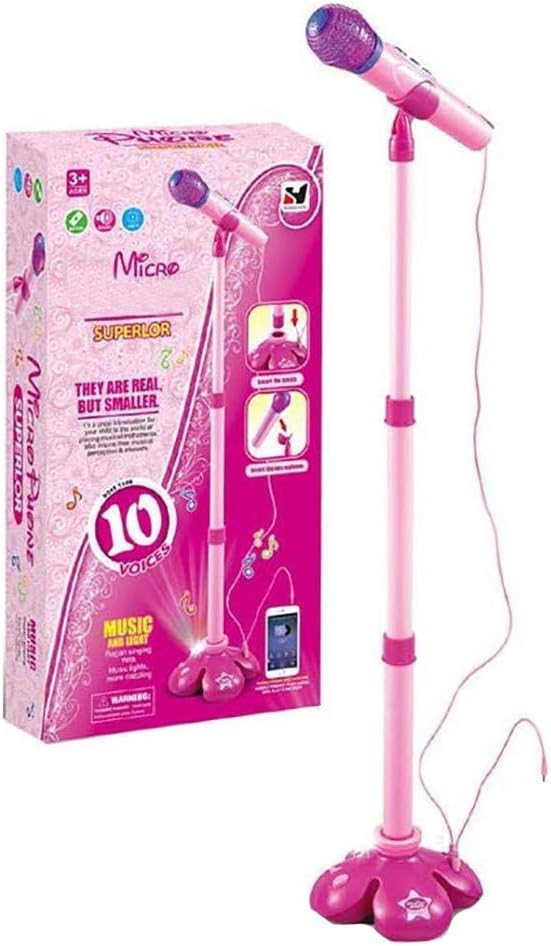 CUEYU Microphone Machine for Kids, Adjustable Kids Karaoke with Stand Music Microphone Toy with Light Effect (Pink)