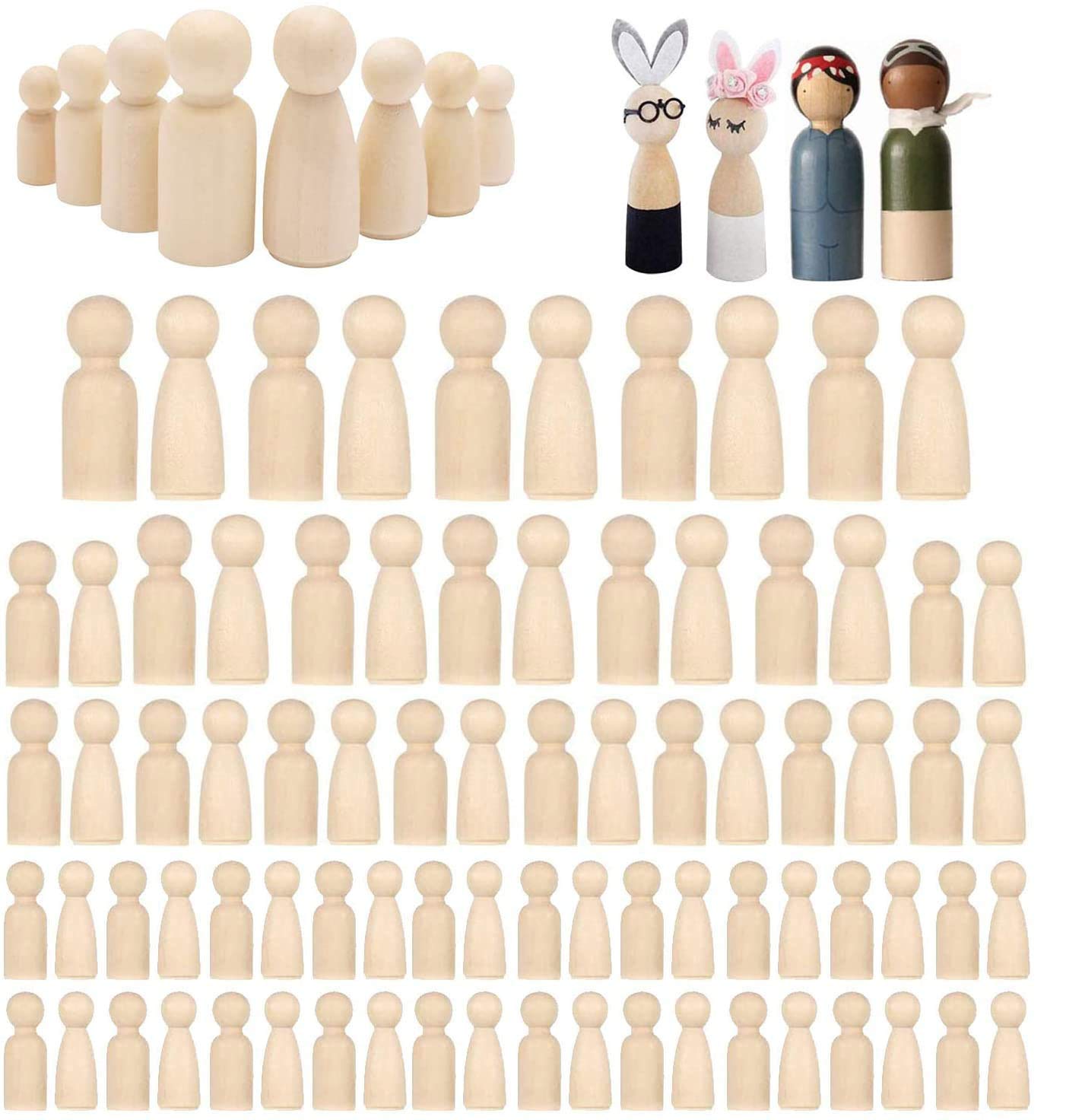 Woohome 80 PCS Wooden Peg Dolls Peg People, Wooden Peg Figures, Natural Unpainted Wood Figures Decorative, 4 Size