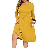 POSESHE Women's Plus Size Dresses Long Sleeves Crew Neck Casual Dresses Empire Waist Loose Flowy Dress with Pockets