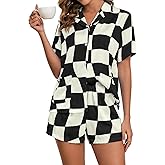 Brosloth Womens Silk Pajamas Summer Short Sleeve Floral Print Plaid Button Up Satin Pjs Set Loungewear Sets