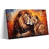 Lnzinro Lion and Lioness Wall Art Framed Pictures Prints Retro Abstract Lion Lioness Wall Art Animal Poster for Room Decor 12x18 inches