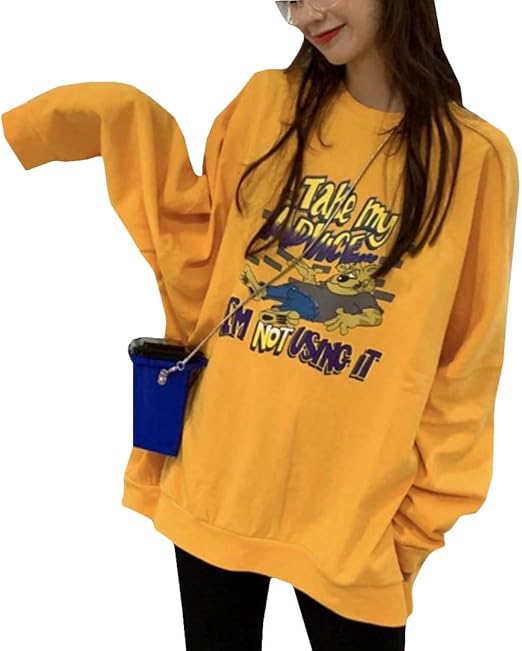 Amazon Mlboss カットソー レディース Tシャツ 長袖 プリント ゆったり トップス スウェット 原宿 ロングtシャツ おしゃれ カジュアル パーカー 大きめ プルオーバー イエロー Tシャツ カットソー 通販