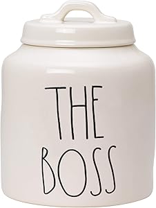 RAE DUNN Cookie Jar, Ceramic The Boss Food Container for Cookies or Dog Biscuits, Kitchen Pottery Accents, Snack Canister with Sealed Lid (5.5" x 5.5" x 8")