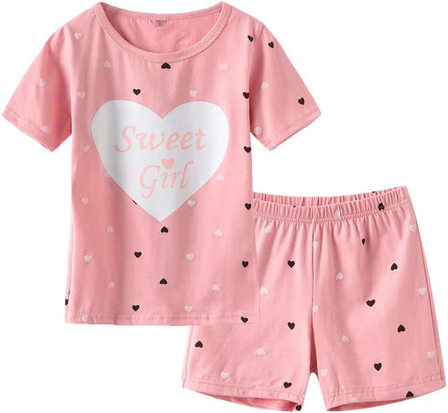 Big Girls Summer Pajama Set Heart Shape Printed Cute Sleepwear Shorts