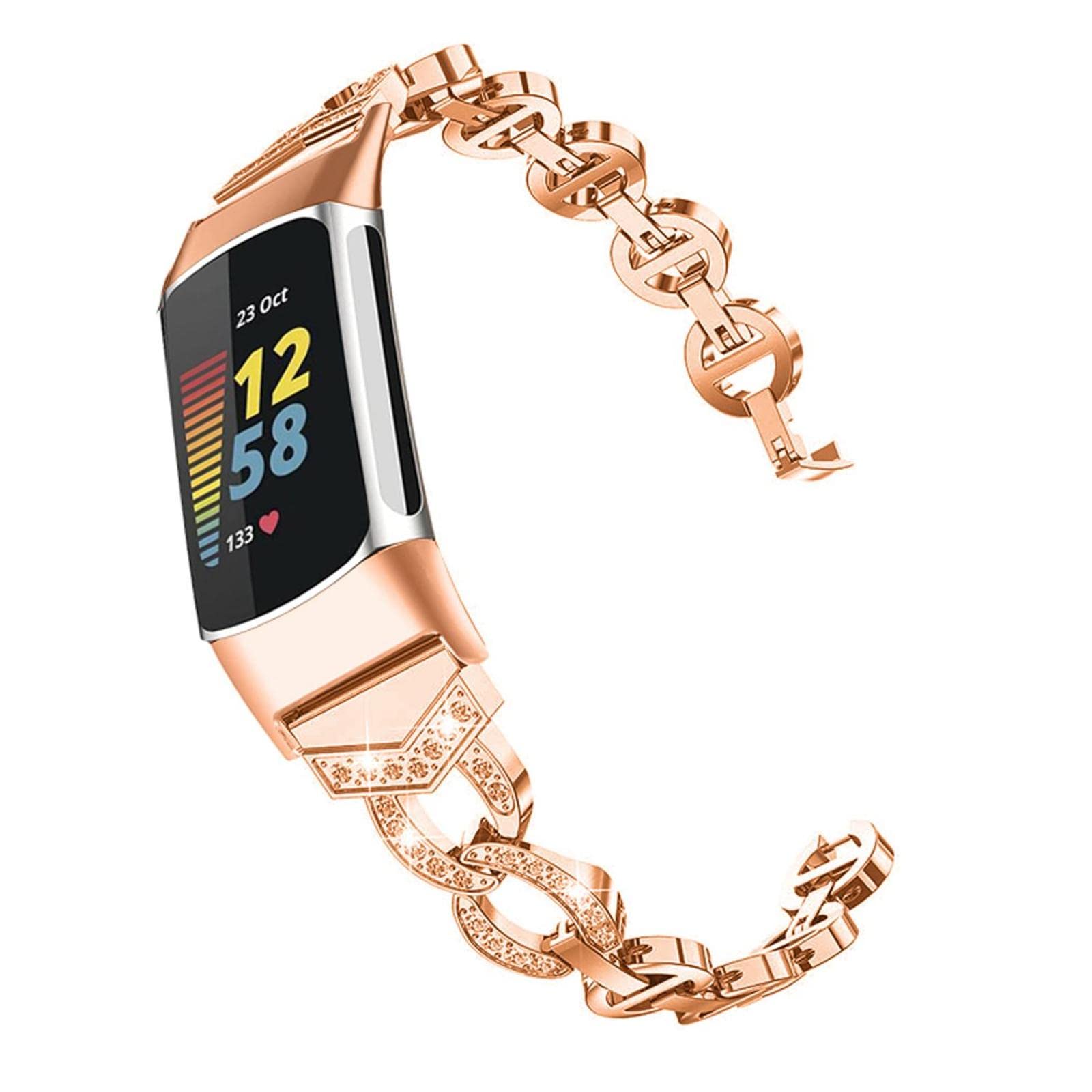 ahayo Fitbit Charge 5 Replacement Band Alloy Metal with Shiny Crystal for Women Quick Release Hollow Band for Fitbit Charge 5 Fitness Tracker