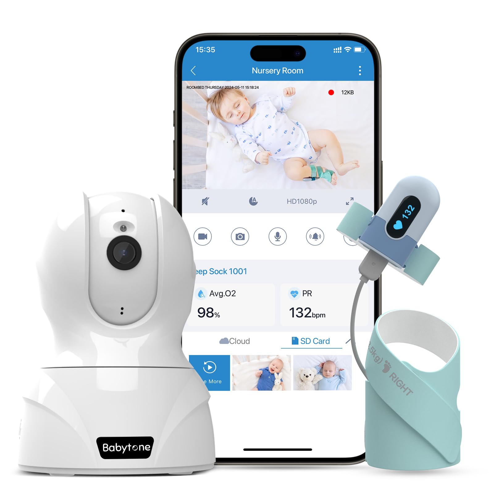 Photo 1 of Babytone Baby Monitor - Smart Sleep Sock & 2.5K HD Camera, Track Heart Rate and Movement, Cry/Motion Detect, Two-Way Audio and Night Vision Baby Monitor with APP