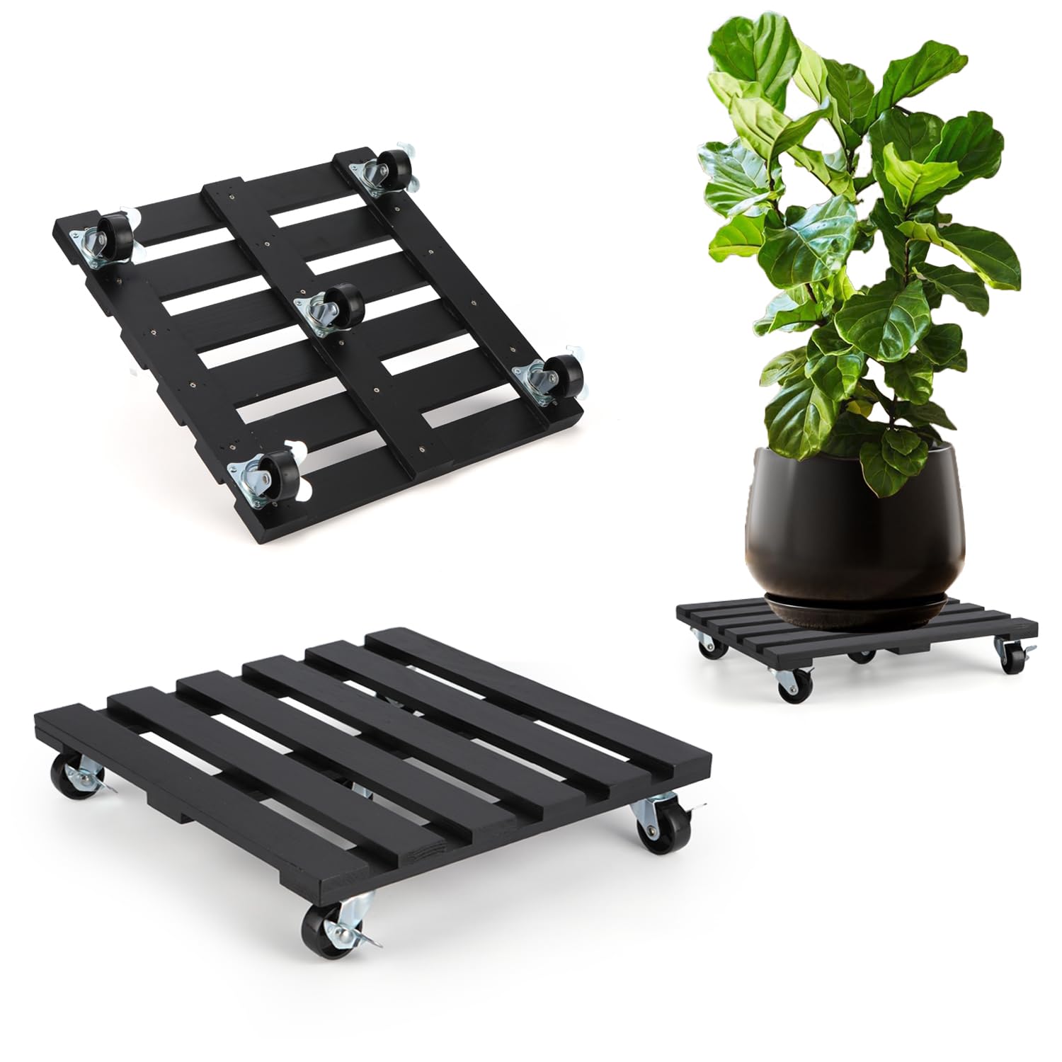 Photo 1 of 2 Pack Plant Stand with Wheels, 12" Rolling Plant Stand 264 LBS Heavy Duty Wooden Square Plant Caddy with Metal 360° Lockable Caster Wheels for Outdoor Indoor Large Plant Pots, Flower Pot, Patio-Black
