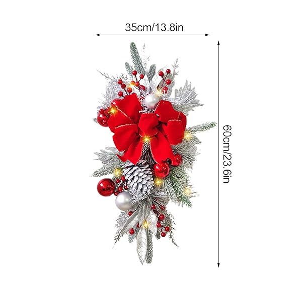 ARTIFICIAL CHRISTMAS SWAG CORDLESS PRELIT TEARDROP SWAGS CHRISTMAS WREATH WITH LIGHTS RUSTIC STAIR GARLAND WITH CHRISTMAS BALL 30LIGHT CHRISTMAS SWAGS STAIRCASE MAILBOX FRONT DOOR WALL DECORATIONS (A)