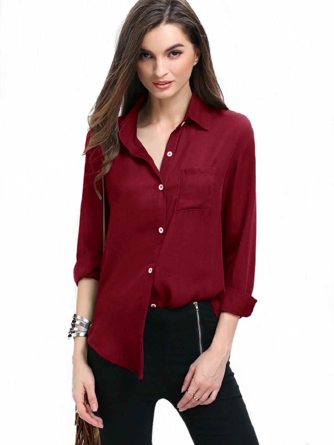 mizago women's casual long sleeves olive green/wine shirt