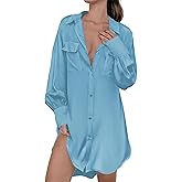 Ekouaer Women Satin Sleep Shirt Long Sleeve Nightgown Button Down Nightshirt Silk Sleepwear Soft Pajama Dress Sleep Dress