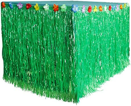 Phetron Hawaiian Table Skirt, 9 Feet Luau Green String Hibiscus Leis Silk Flower, Luau Hibiscus Green Grass Table Skirt for Luau Party Supplier (Green)