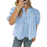 Tankaneo Womens Puff Short Sleeve Button Down Shirts Cotton Pleated Babydoll Blouses Trendy Casual Loose Fit Tops