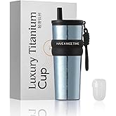 ZING TTI Titanium Coffee Tumbler with Titanium Straw & Flip Lid, Hot & Cold Beverage Travel Mug, Double-Wall Vacuum Insulated Cup, Portable Coffee Cup with Gift Box, 24 oz (blue)