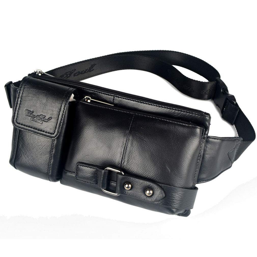 Leather Fanny Pack for Men Hip Bum Belt Waist Purse Travel Hiking Walking Cell Phone Pouch Sling Chest Daypack Black